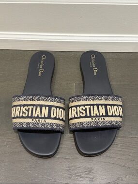 Dior Navy and Cream Christian Dior Embroidered Slide Sandals